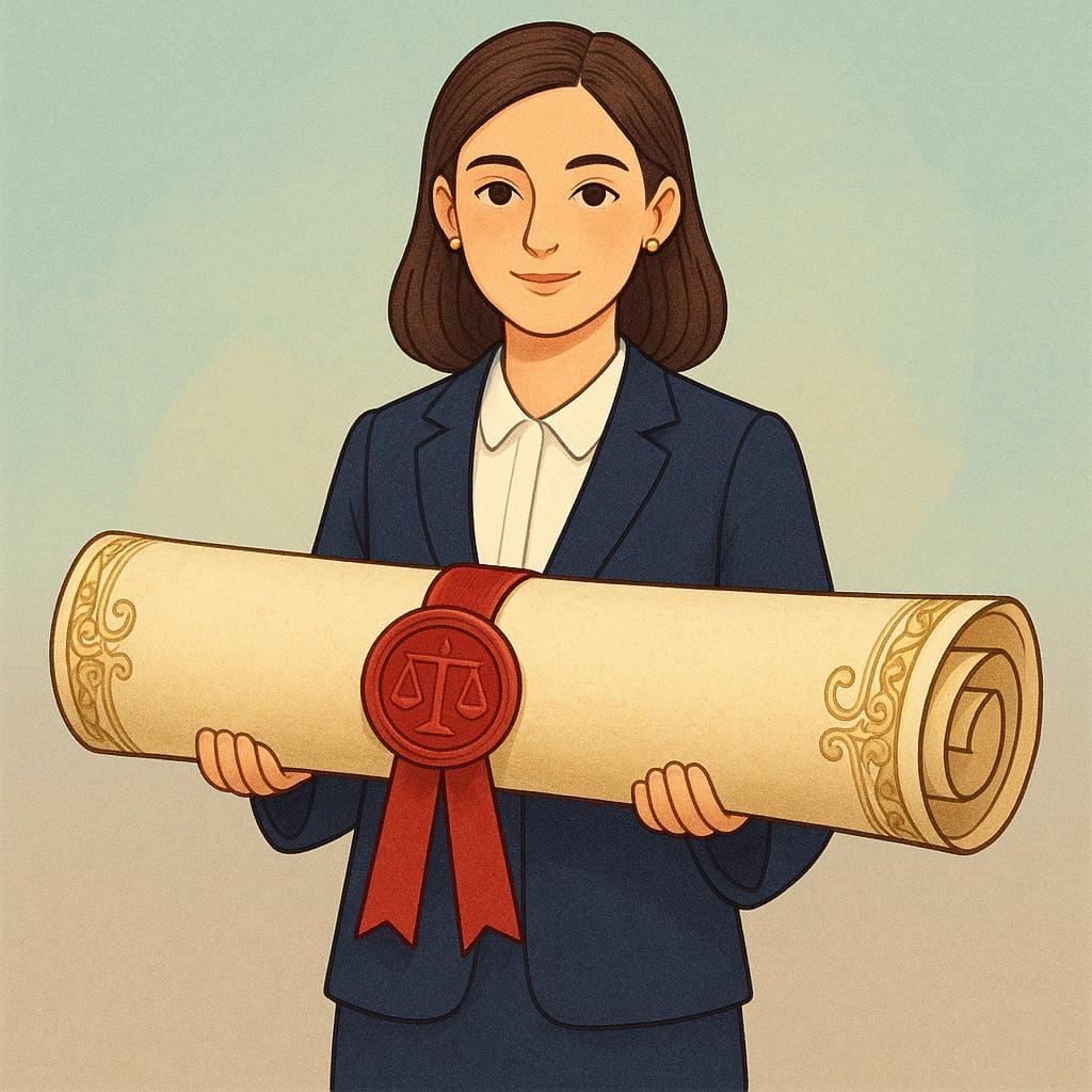 Eine junge Frau hält formell eine große, verzierte, versiegelte Schriftrolle, die mit einem roten Band gebunden ist und ihren offiziellen Erhalt einer Erbschaft symbolisiert.