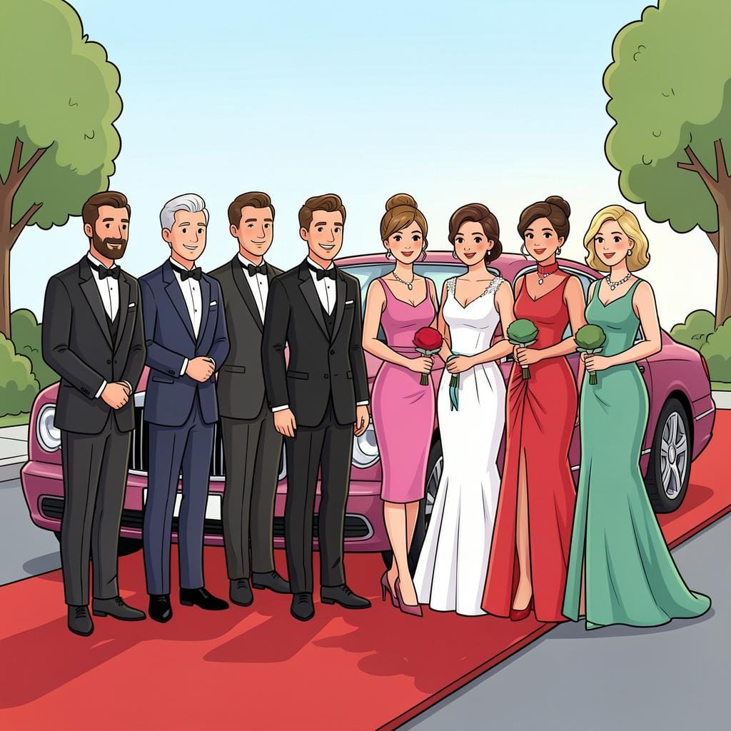 A group of well-dressed people standing on a red carpet next to a luxury car.