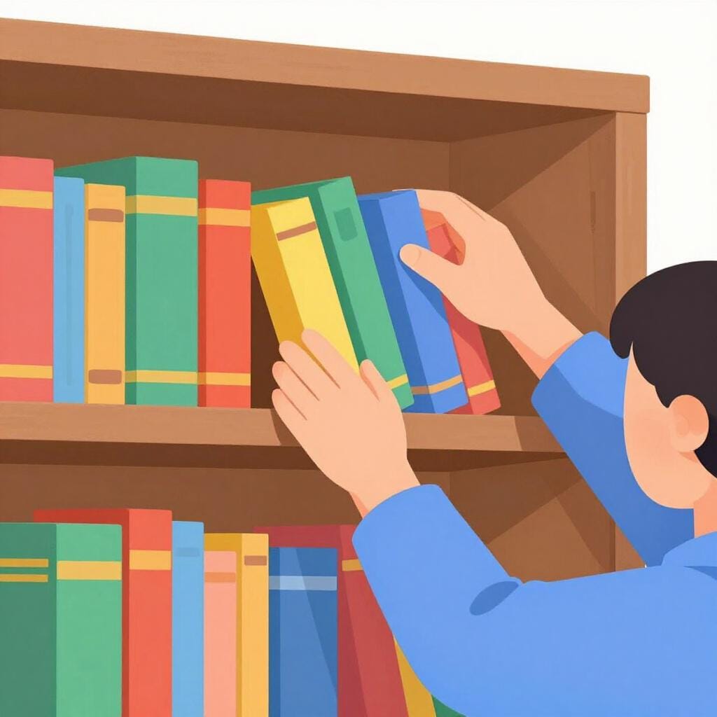 A librarian placing books onto organized wooden shelves with small tags.