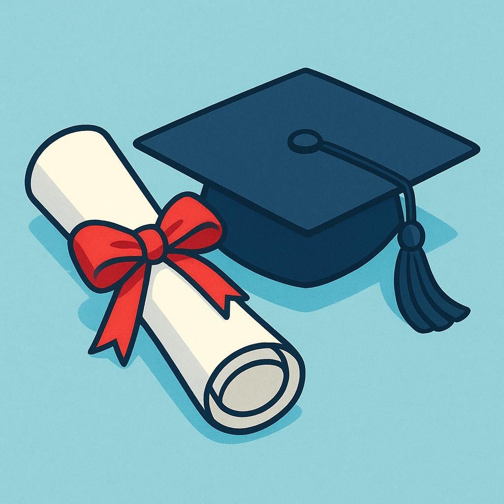 A rolled-up graduation diploma tied with a red ribbon, placed next to a traditional black mortarboard cap.