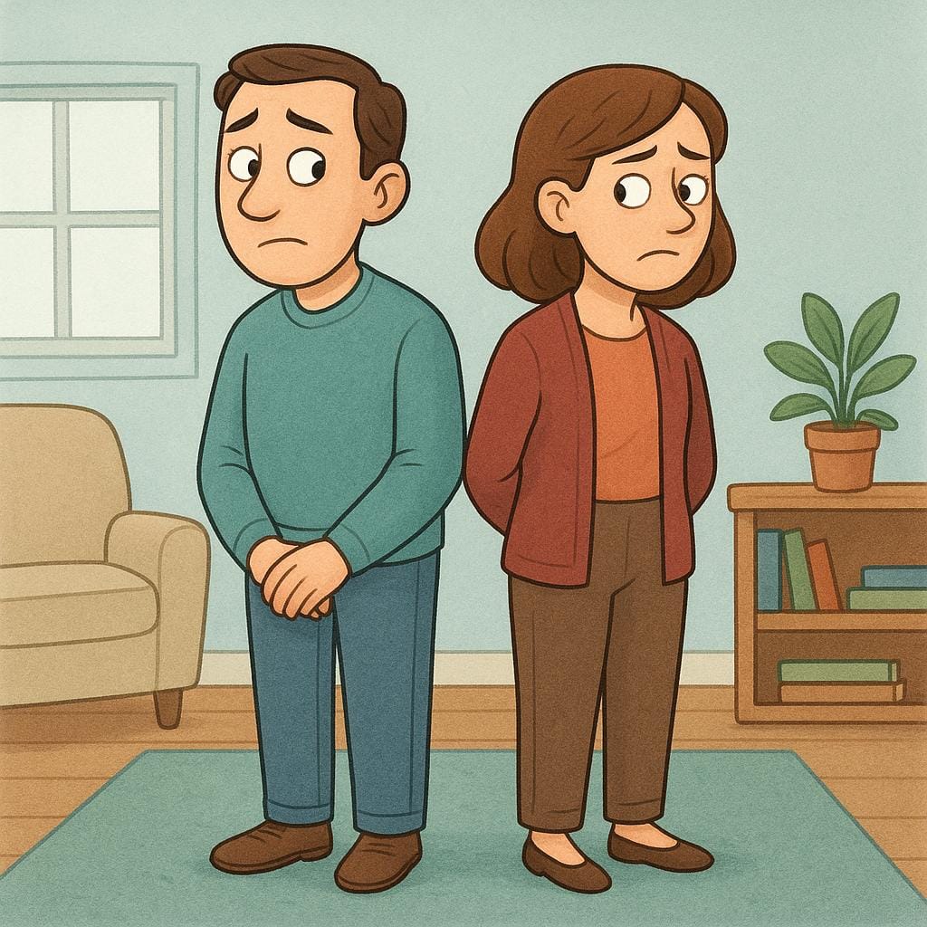 2人の漫画的な大人が、静かな部屋で非常に接近して立っており、どちらも視線をそらし、目に見えて気まずく緊張した表情をしており、社会的な居心地の悪さを示している。