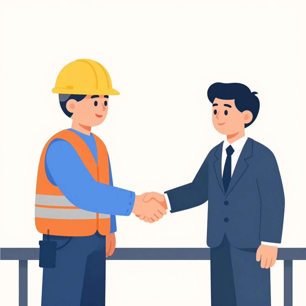 A worker in a hard hat and a person in a suit shaking hands across a wooden table.