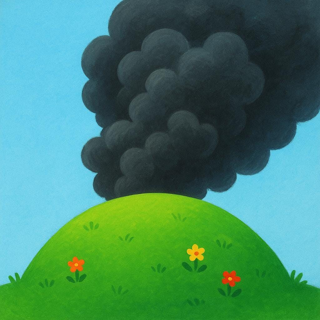 A thick, dark cloud of smoke rising dramatically from behind a colorful green hill, suggesting a fire is present but unseen.
