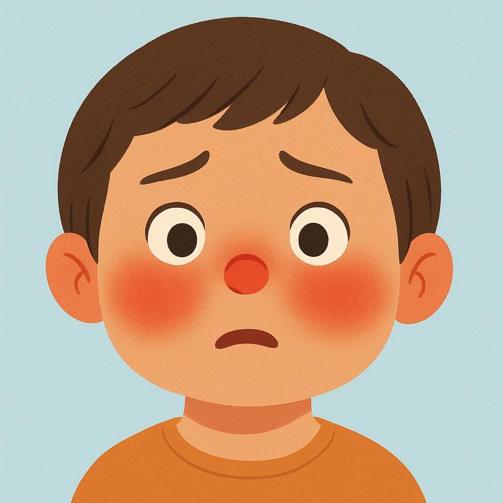 A close-up illustration of a person's face showing strong red blush covering their cheeks and nose, indicating embarrassment.