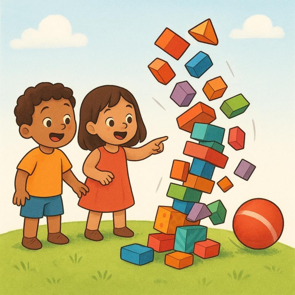 Two children at the top of a green hill watching a large red ball they just pushed roll down towards a stack of wooden blocks, causing them to fall over.