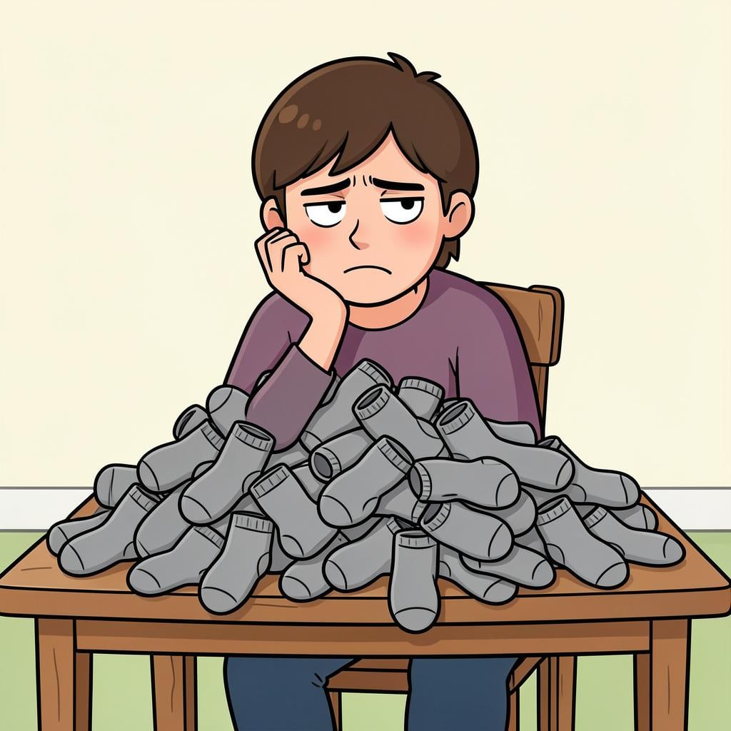 A person sitting at a table piled high with hundreds of identical gray socks, looking away with a bored expression.