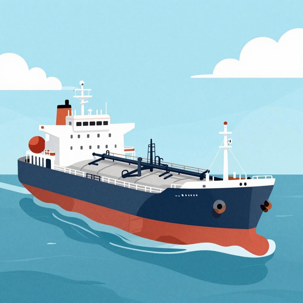 A massive cargo ship with a flat deck and pipes, floating on a calm blue sea.