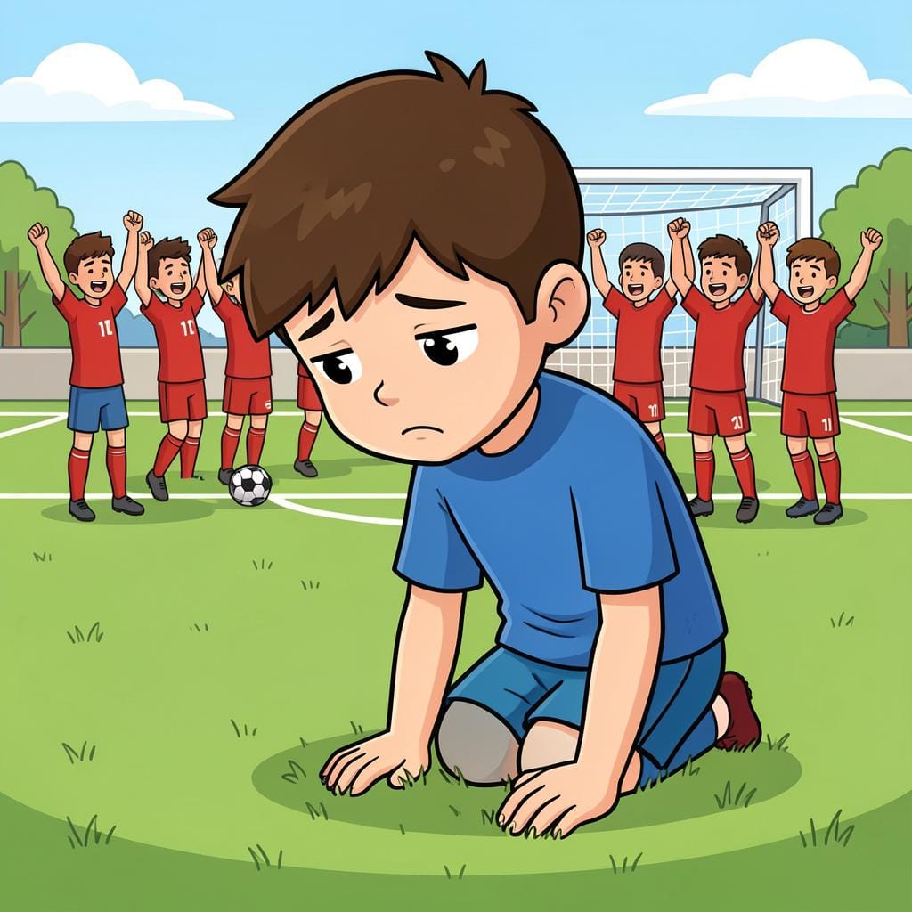 Un enfant triste debout sur un terrain de football regardant un tableau d'affichage indiquant que l'autre équipe a gagné.