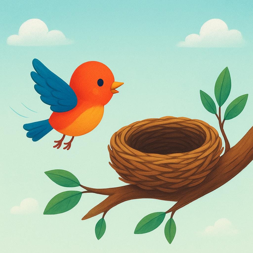 Ein kleiner, leuchtend bunter Vogel im Flug, der sich einem fertig gebauten, leeren Nest nähert, das sicher auf einem dicken Ast sitzt und Besitz oder Vollendung in der Zukunft symbolisiert.