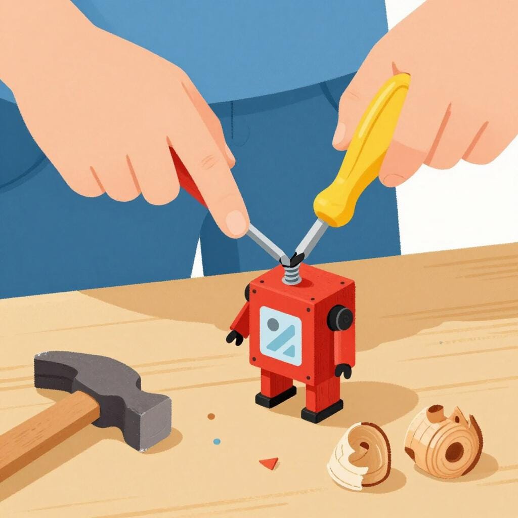A person using a screwdriver to fix a small wooden toy robot on a workbench.