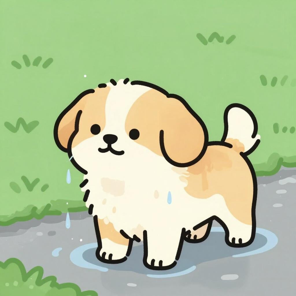 Ein kleiner flauschiger Hund, der in einer Regenpfütze steht, mit nassem, tropfendem Fell.