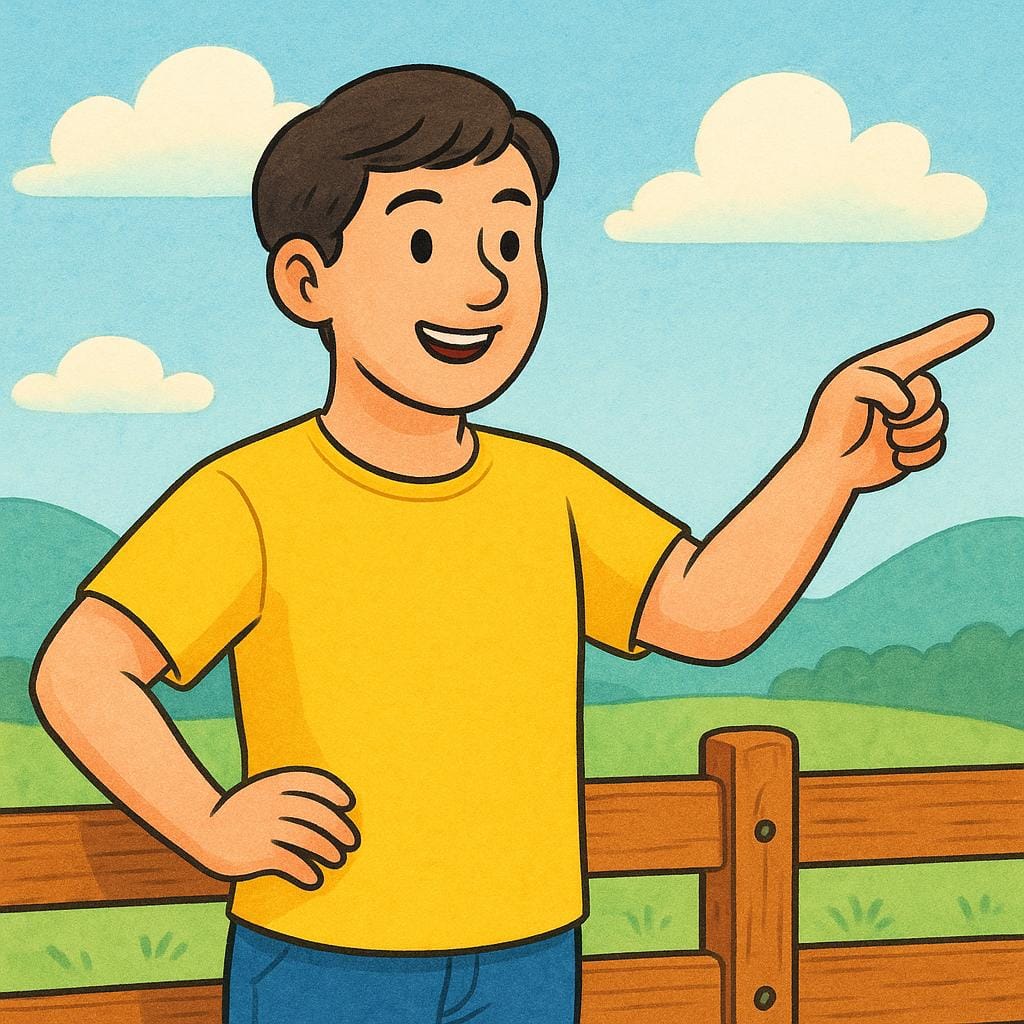 A person in a yellow shirt pointing with determination towards an object off-screen while making an expressive facial gesture, indicating a remark or finding.