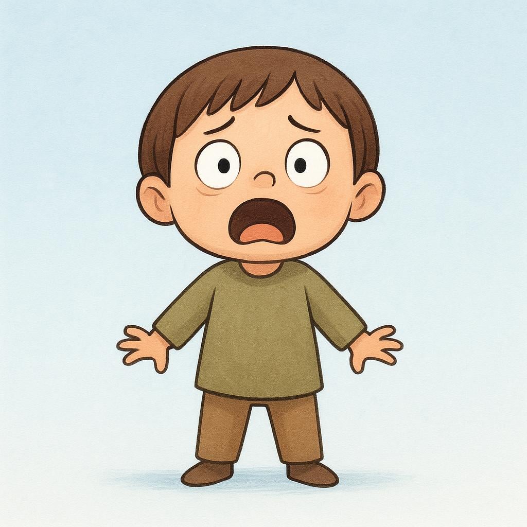 A small, simple character with very wide eyes and a distressed expression is clutching their face with their hands, illustrating extreme, intense fear.