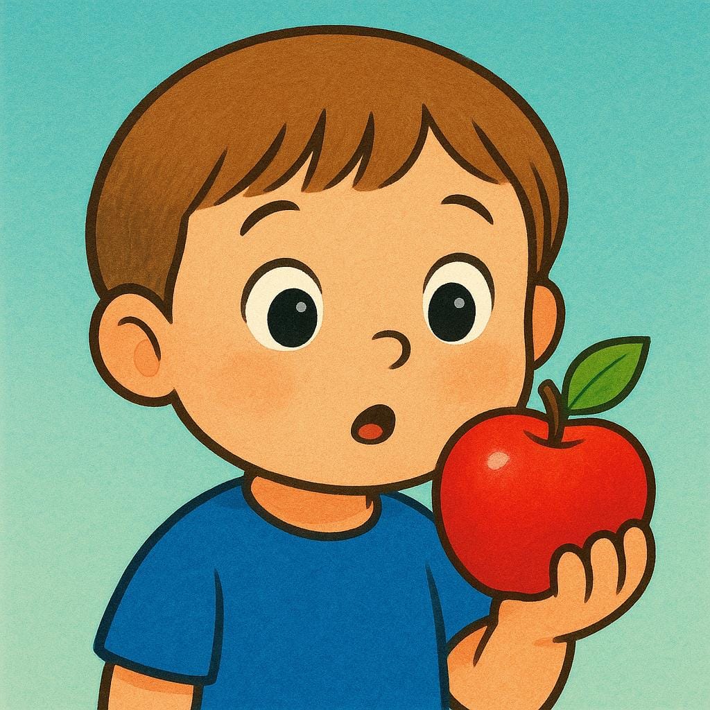 Un enfant aux yeux écarquillés tenant et observant attentivement une pomme rouge vif dans sa main.