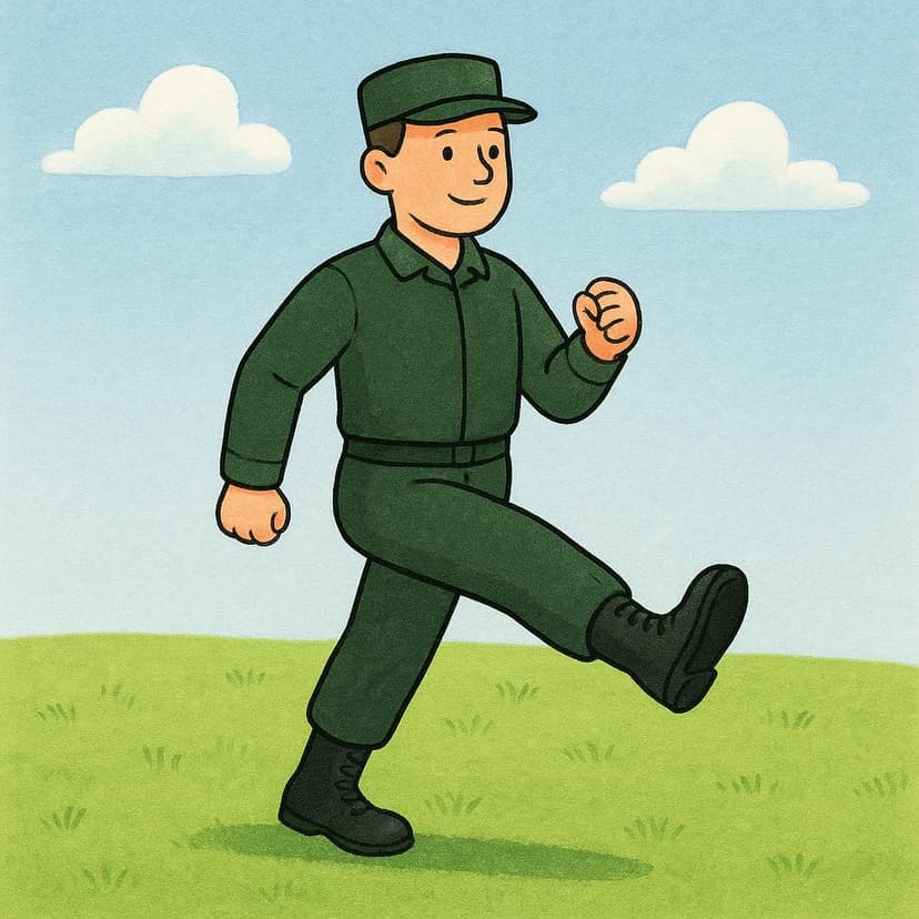 A person in a simple dark green uniform marching with determination, performing a drill step on a grassy field.