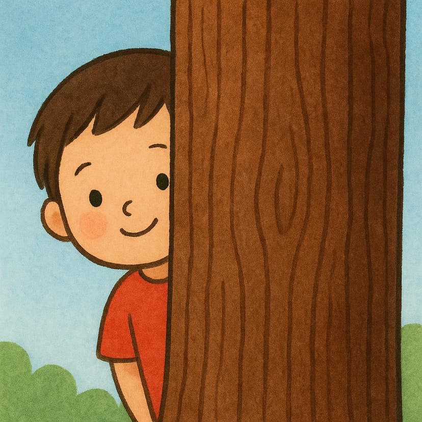 A small child is playfully hiding behind a large, thick tree trunk, with only one eye and a portion of their face visible.