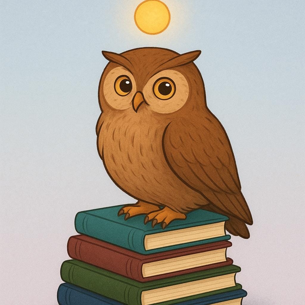 A wise, large brown owl sitting on a stack of books, looking thoughtful. A single, distinct, glowing golden orb is floating right above the owl's head, signifying a memorable saying or quote.