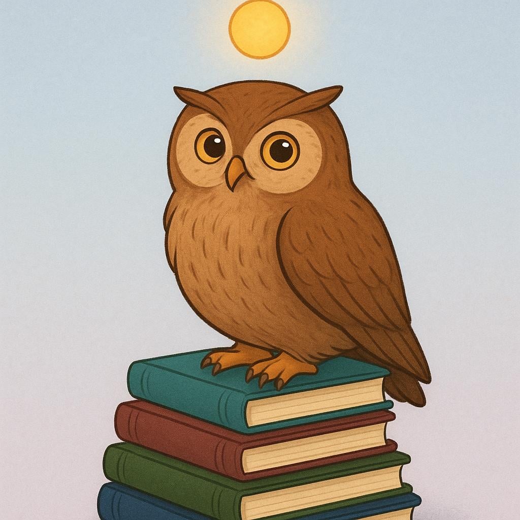A wise, large brown owl sitting on a stack of books, looking thoughtful. A single, distinct, glowing golden orb is floating right above the owl's head, signifying a memorable saying or quote.