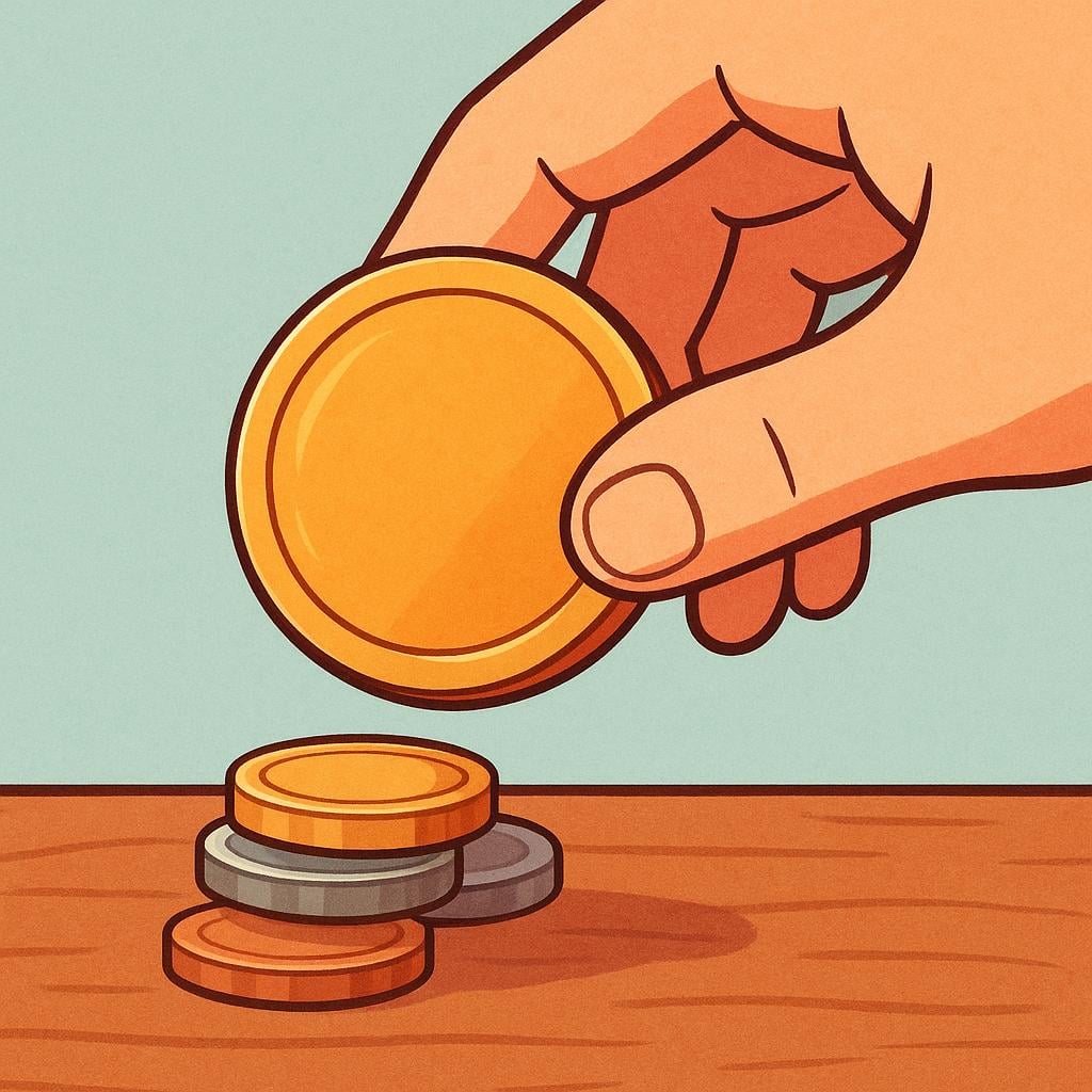 A hand placing a large gold coin onto a stack of coins on a wooden surface, symbolizing making a wager.