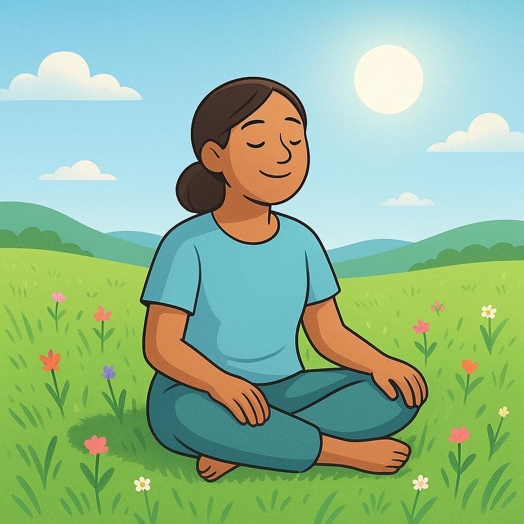 A peaceful illustration of a person sitting in a sunny green meadow, eyes closed, smiling contentedly to show enjoyment.