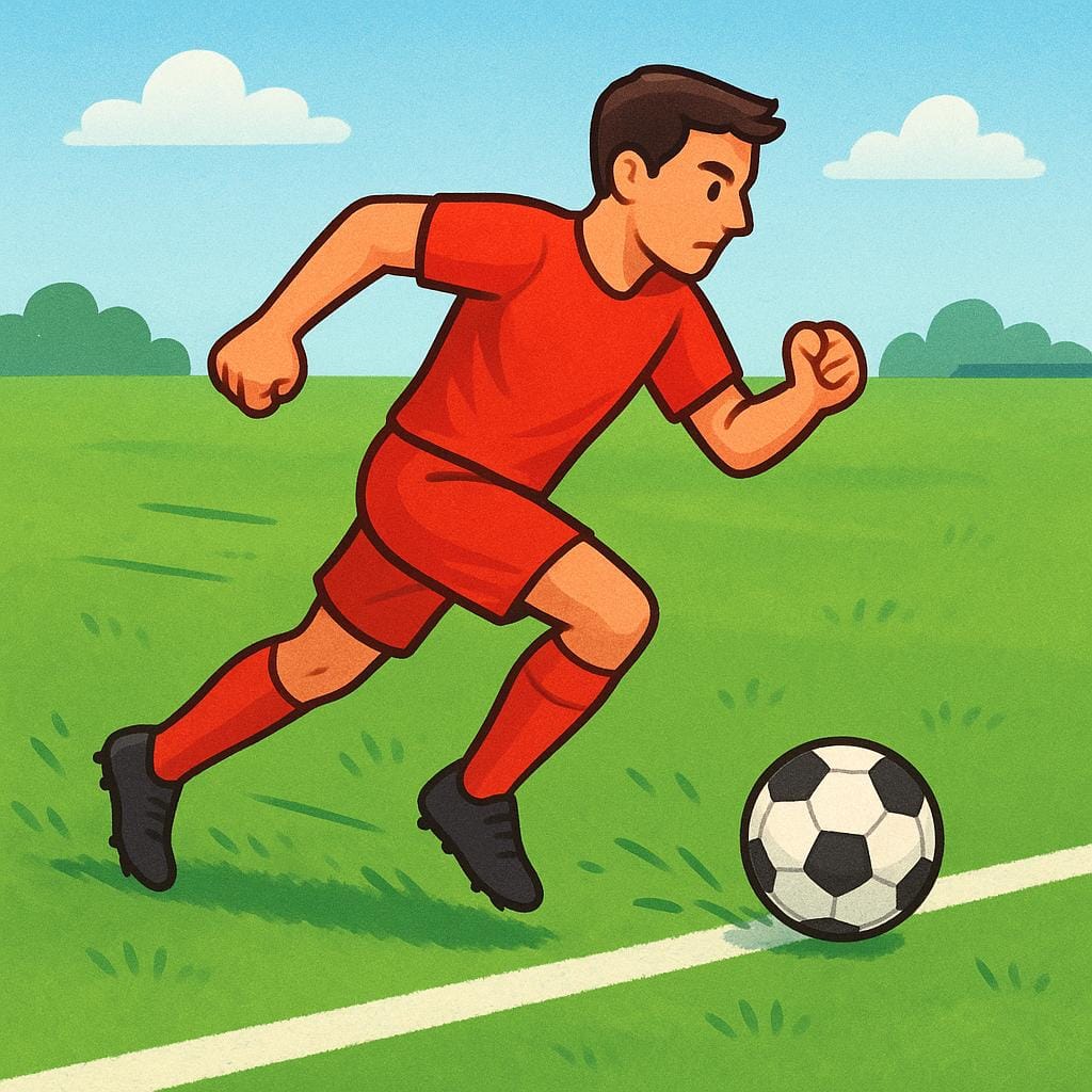 A soccer player wearing a red jersey, running quickly down the far sideline of a green soccer field while dribbling a ball.