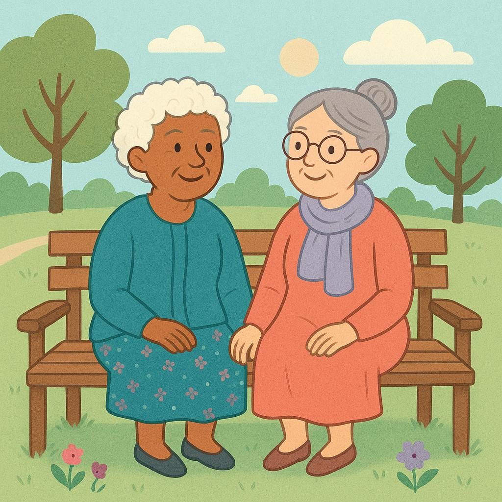 A colorful storybook illustration showing two smiling elderly women sitting together on a wooden park bench.