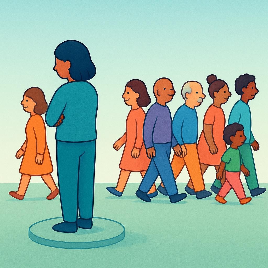 A simple illustration showing one isolated figure standing on a small platform deliberately ignoring and turning away from a diverse group of passing colorful figures.