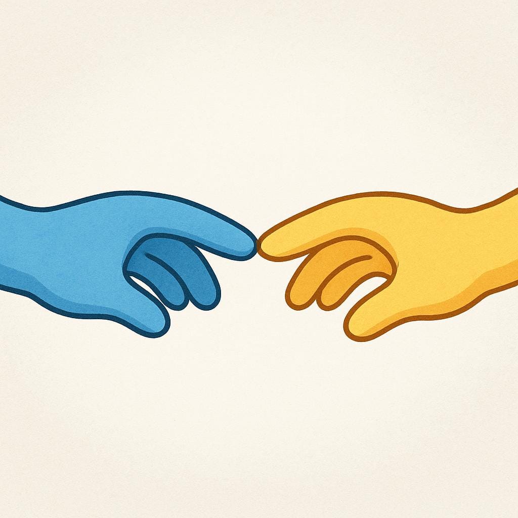 Two stylized cartoon hands, one blue and one yellow, reaching from opposite sides of the frame and lightly touching fingertips in the center, illustrating connection.