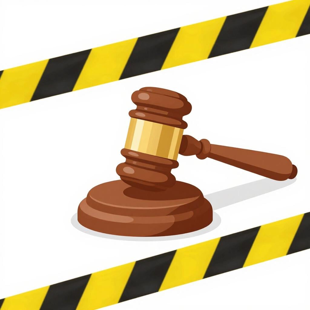 Ein Holzhämmerchen liegt auf einem Tisch hinter einem gelben Absperrband.