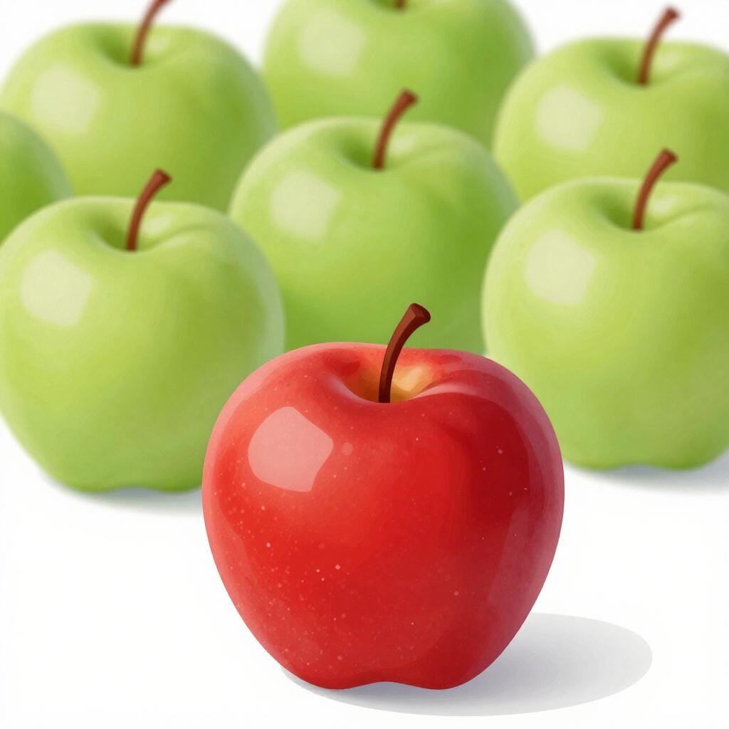 Ein einzelner leuchtend roter Apfel vor einer großen Gruppe grüner Äpfel, der eine repräsentative Stichprobe symbolisiert.