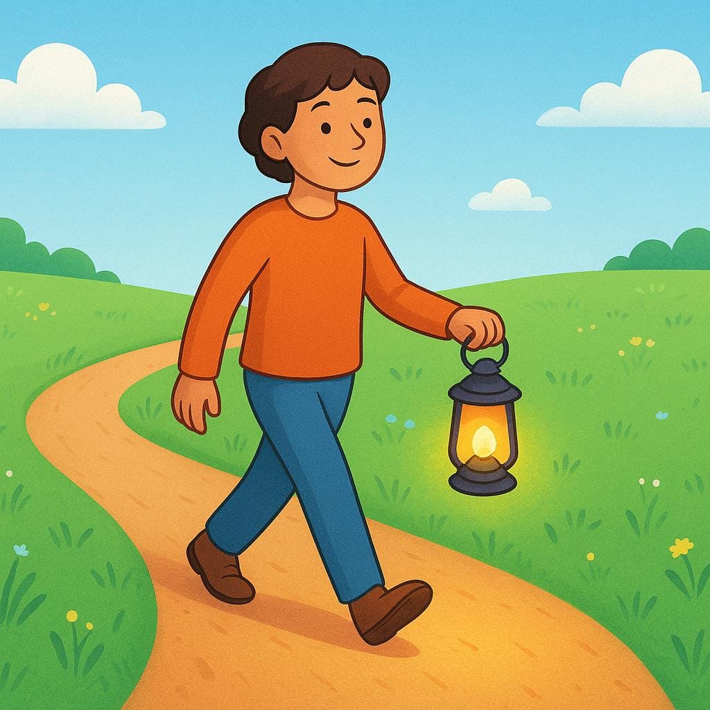 Une personne marche avec confiance le long d'un chemin sinueux dans une prairie ensoleillée, tenant une petite lanterne tenue à la main brillamment éclairée qui illumine les pas immédiatement devant.