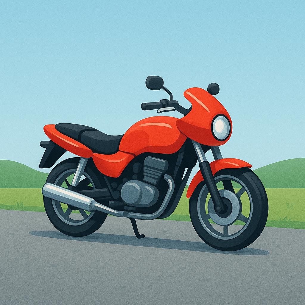 Una motocicletta rosso vivo, disegnata in uno stile semplice da libro di fiabe, parcheggiata su una strada asfaltata.