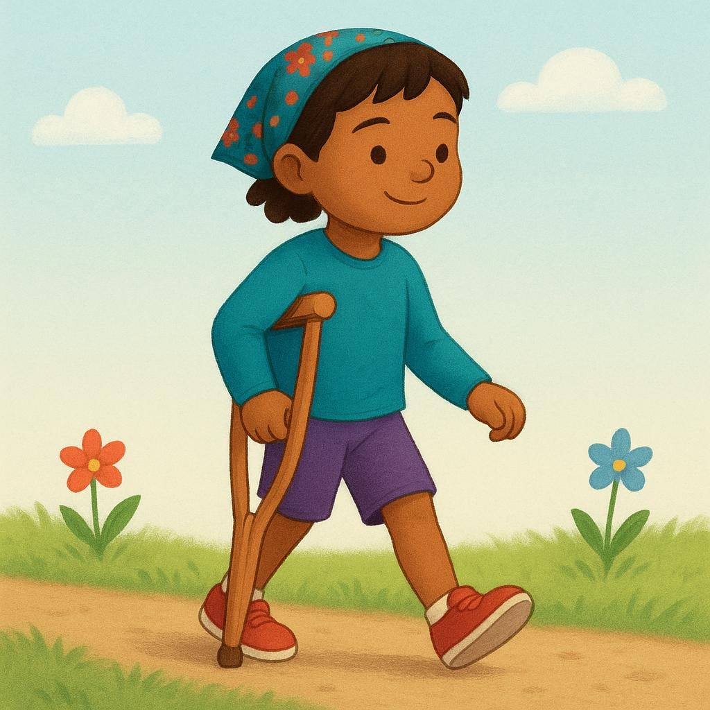 A young boy struggling to walk while leaning heavily on a wooden crutch.