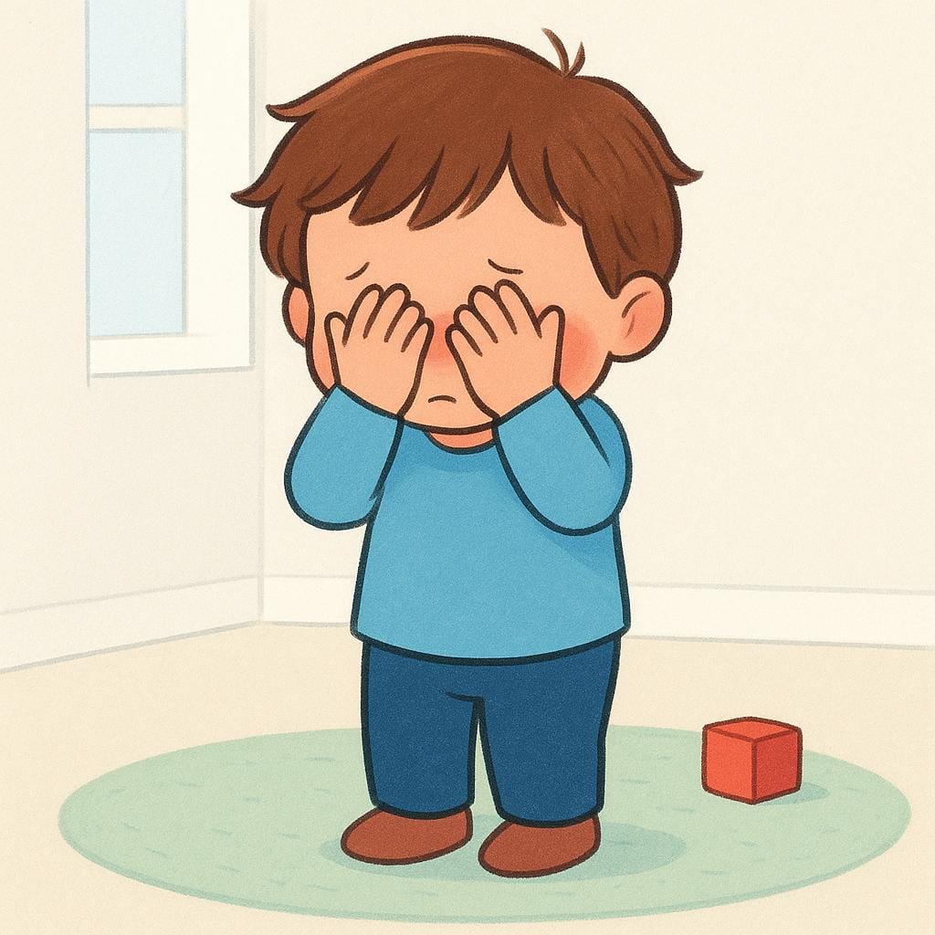 恥ずかしさで顔を両手で隠している、顔を真っ赤にした子供の絵本風のイラスト。