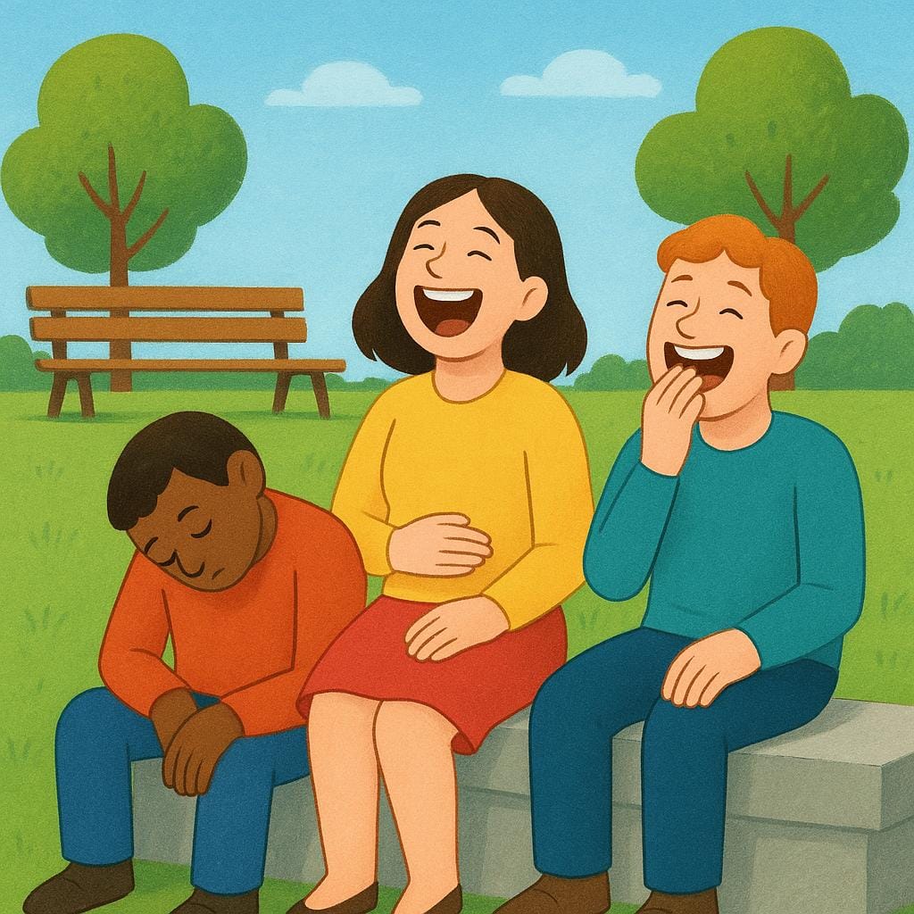 Een groep van drie mensen zit wankel buiten bij een bankje. Eén ligt te slapen terwijl de andere twee luid lachen, wat hen afbeeldt als aangeschoten individuen.