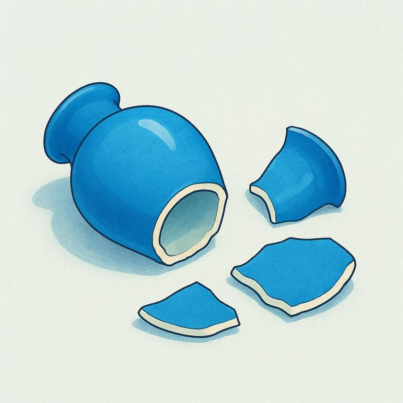 A ceramic flower vase lying on the floor, clearly broken into large, sharp pieces.