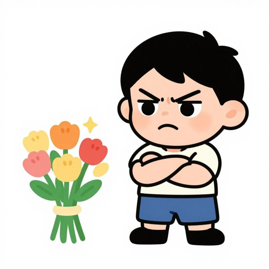 A cartoon character with a grumpy expression looking away from a small, harmless gift, appearing insulted.