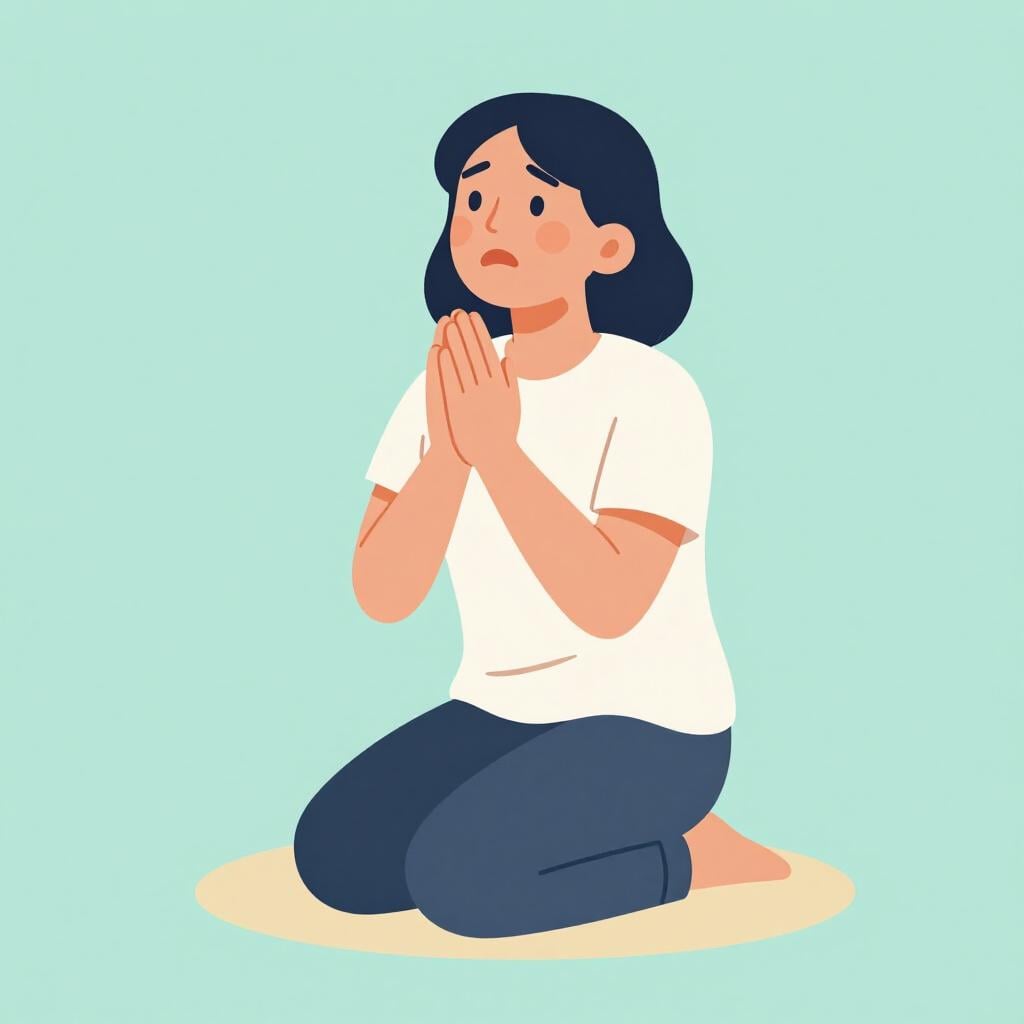 A person kneeling with their hands clasped together in a sincere, pleading gesture.