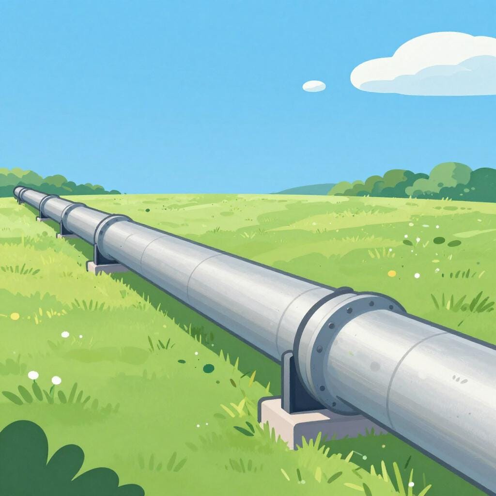 A long industrial pipeline stretching across a wide green landscape.