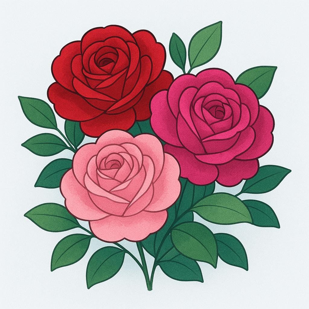 A bouquet consisting of several large, vibrant pink and red roses with green stems and leaves.