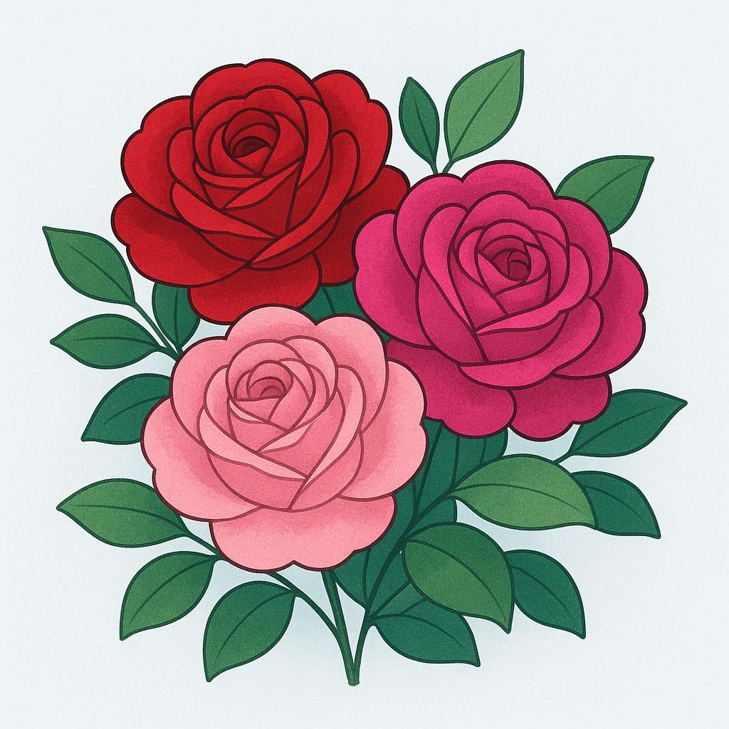 A bouquet consisting of several large, vibrant pink and red roses with green stems and leaves.