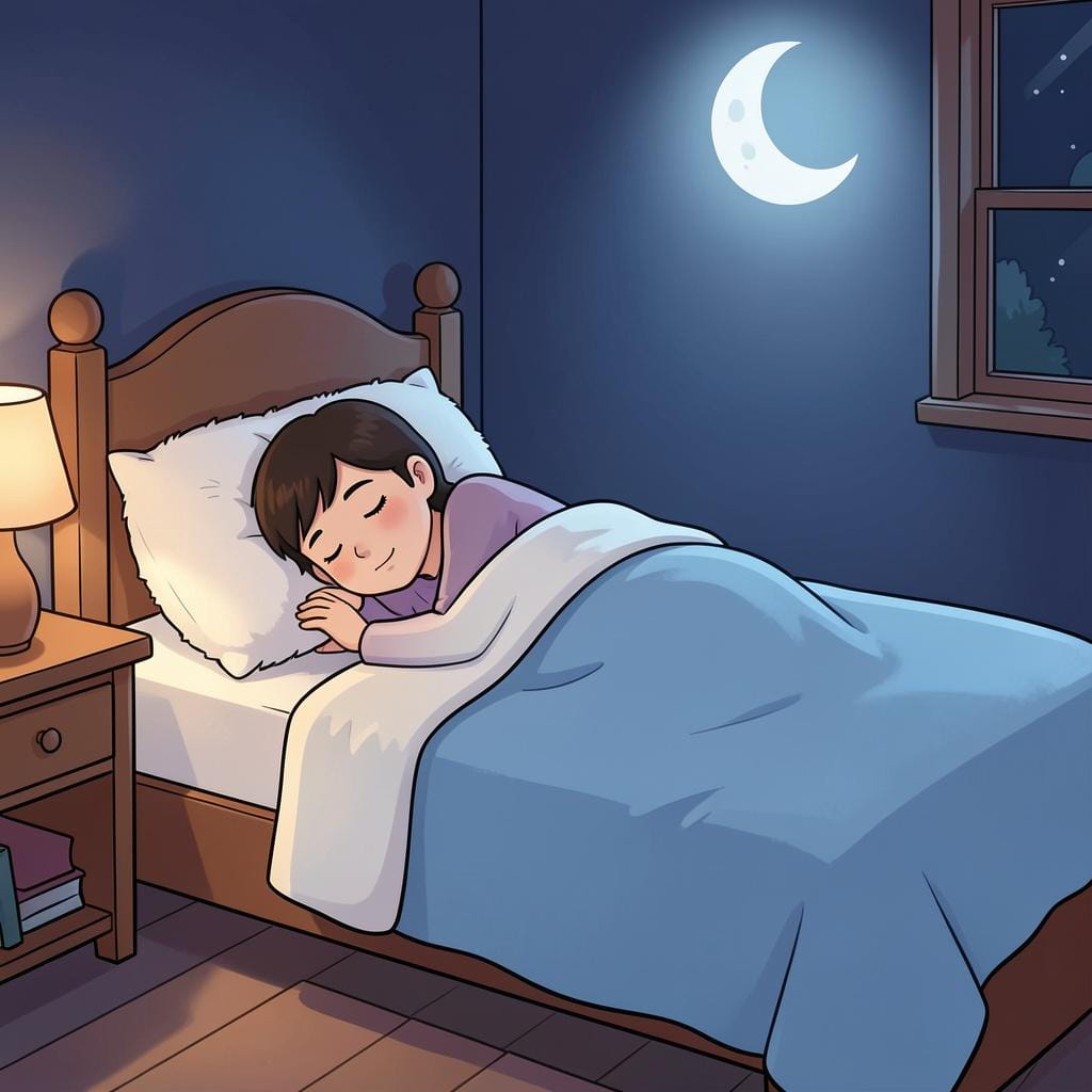 Eine friedlich schlafende Person in einem gemütlichen Bett mit einer weichen blauen Decke.