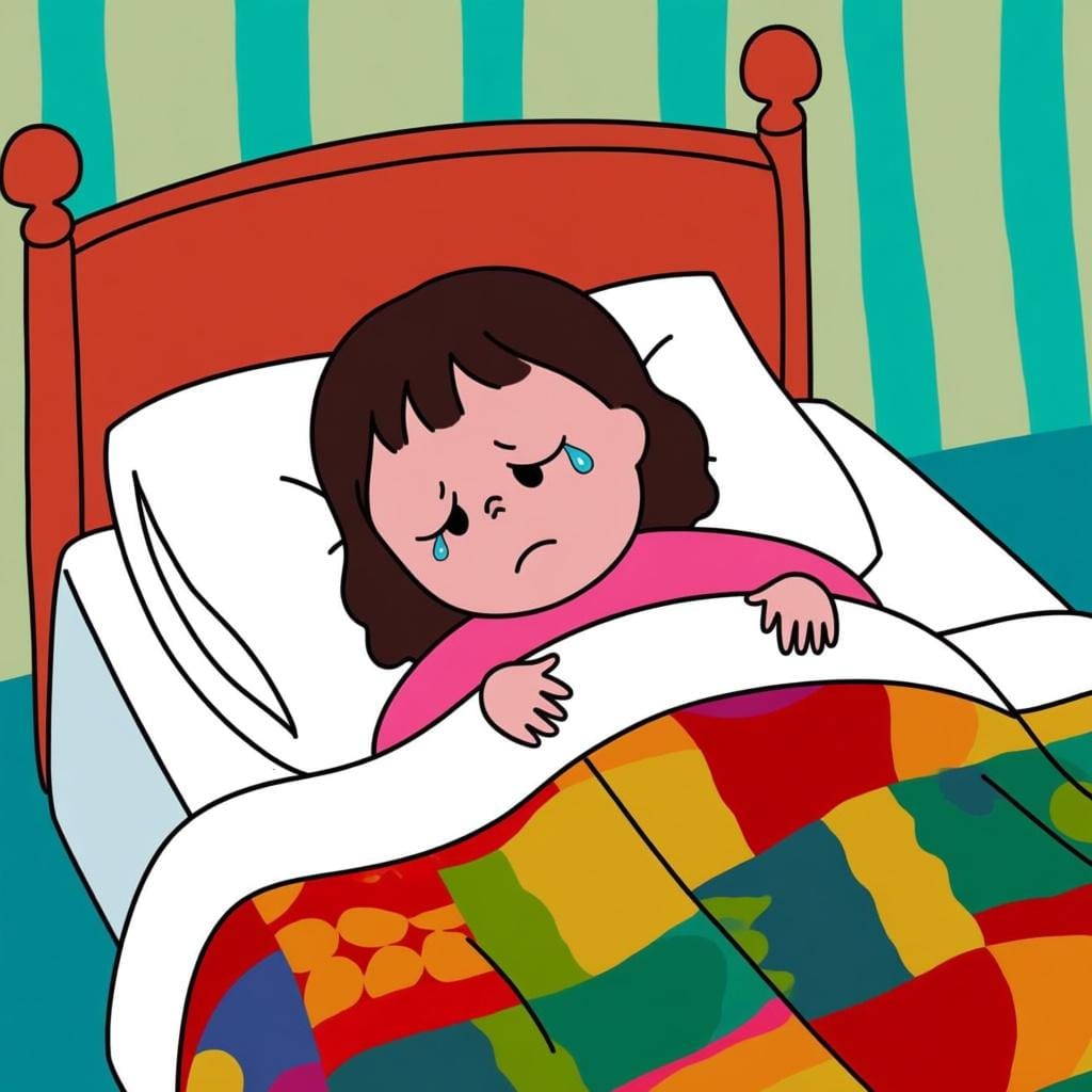 Een jong meisje rust in bed onder een kleurrijke deken, ziet er bleek uit en houdt een tissue vast, wat aangeeft dat ze ziek is.