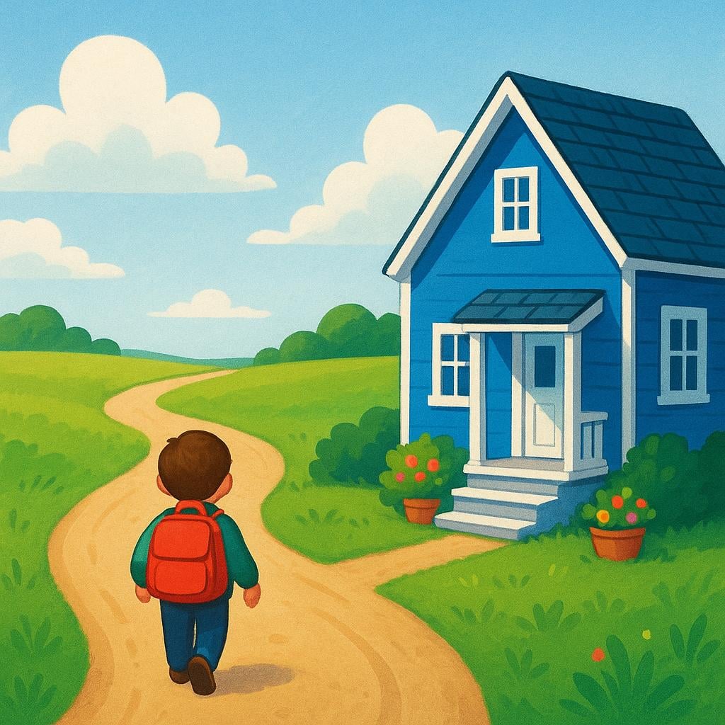 A small person wearing a red backpack walking away down a dirt road, turning their back on a colorful, quaint blue house.