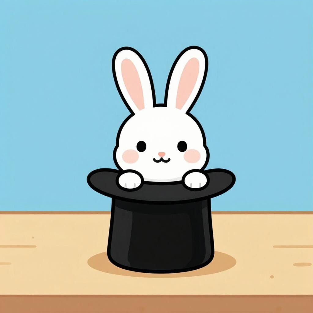 A small rabbit popping its head out of a tall magician's hat.