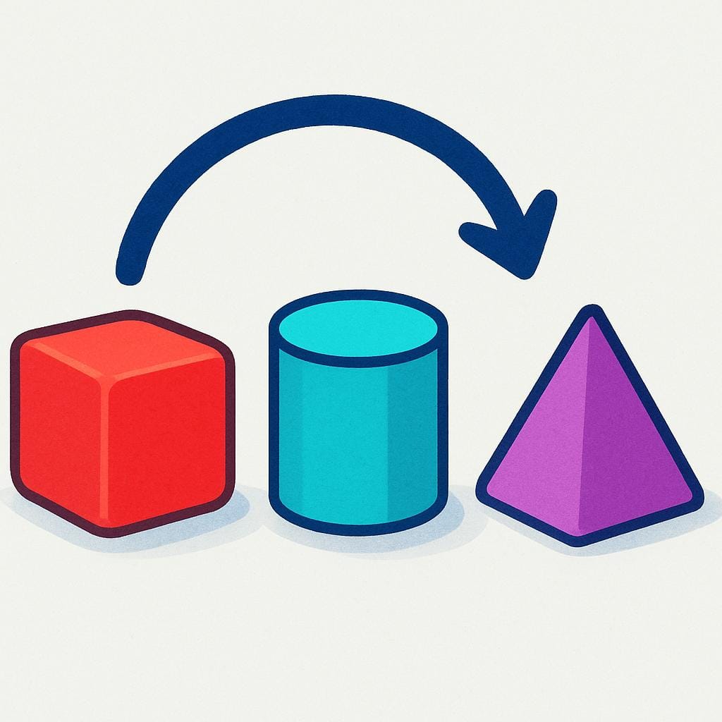 A storybook illustration showing three brightly colored geometric blocks lined up horizontally. A large arrow points backward from the second block to the first block, signifying 'previous' in a sequence.