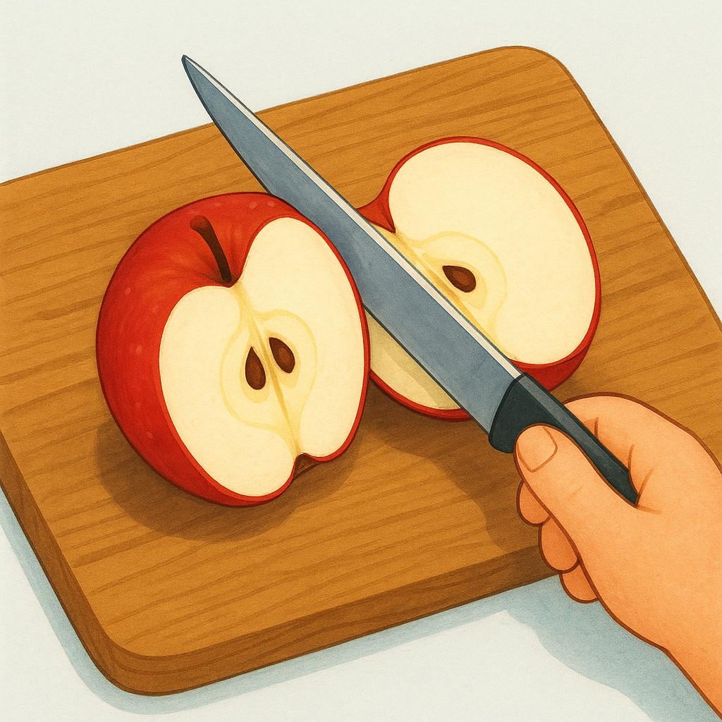 A hand holding a knife cutting a single red apple exactly in half on a wooden cutting board.