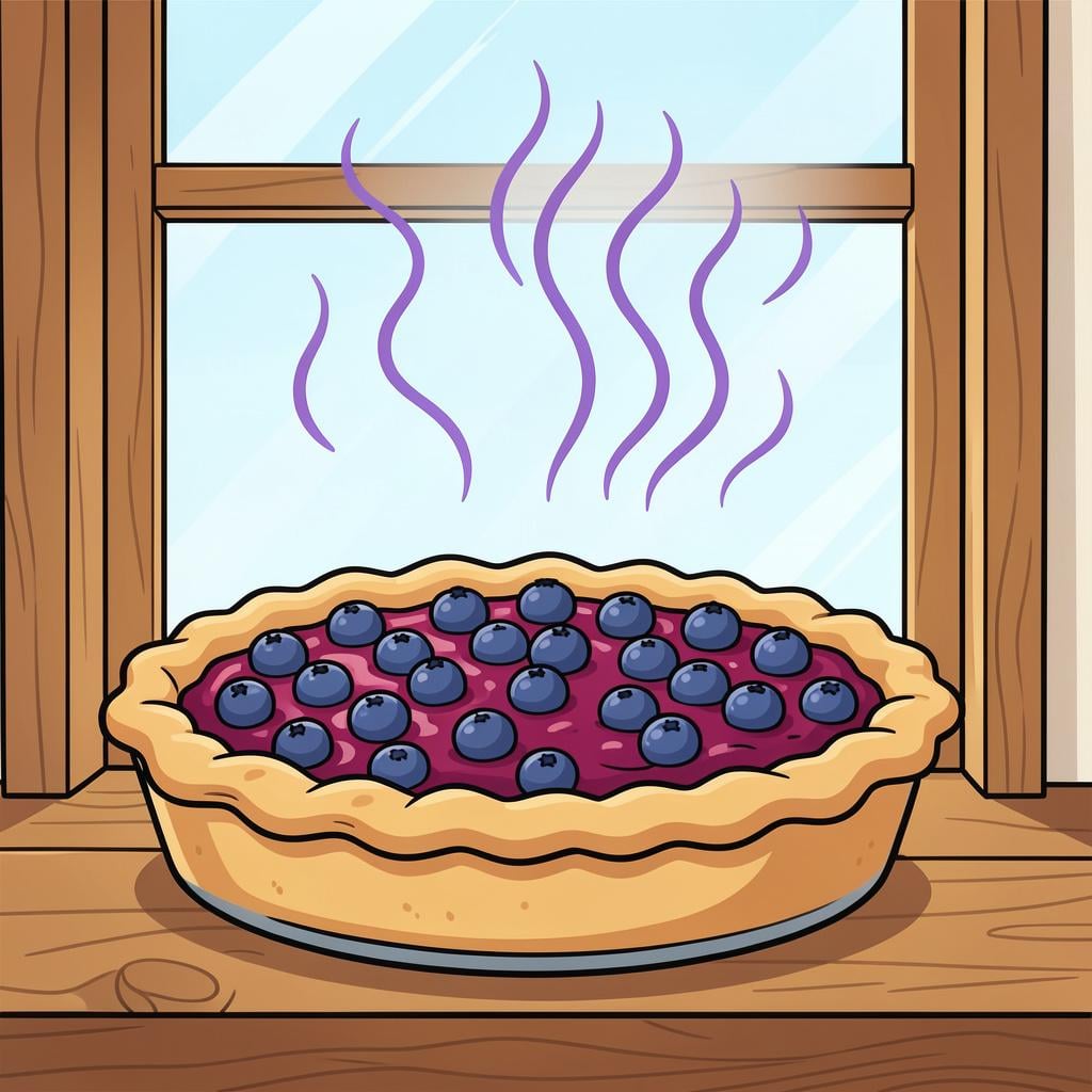 A freshly baked pie on a windowsill with visible wavy lines representing a delicious aroma.