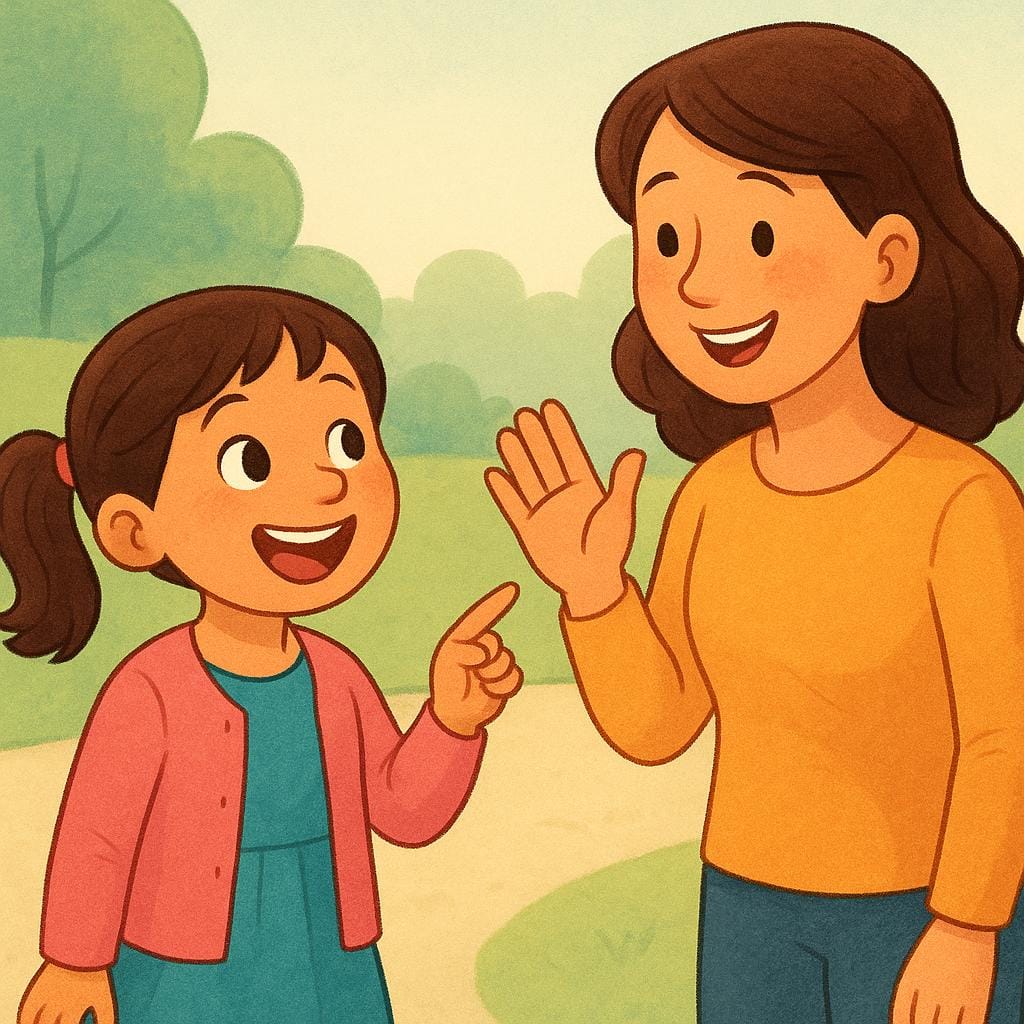 A colorful illustration of a girl looking surprised and happy, pointing excitedly at someone she recognizes in the distance.