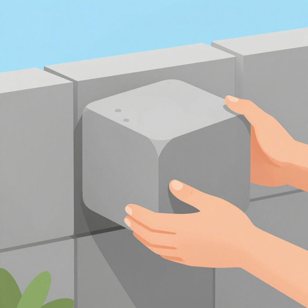 A sturdy stone being placed carefully into a solid foundation of a building.